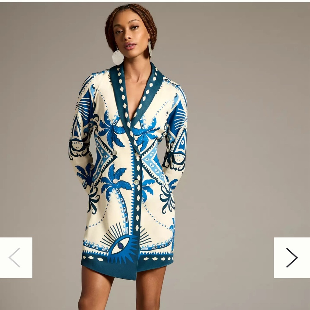 Farm Rio Long-Sleeve Blazer Dress Blue and Cream